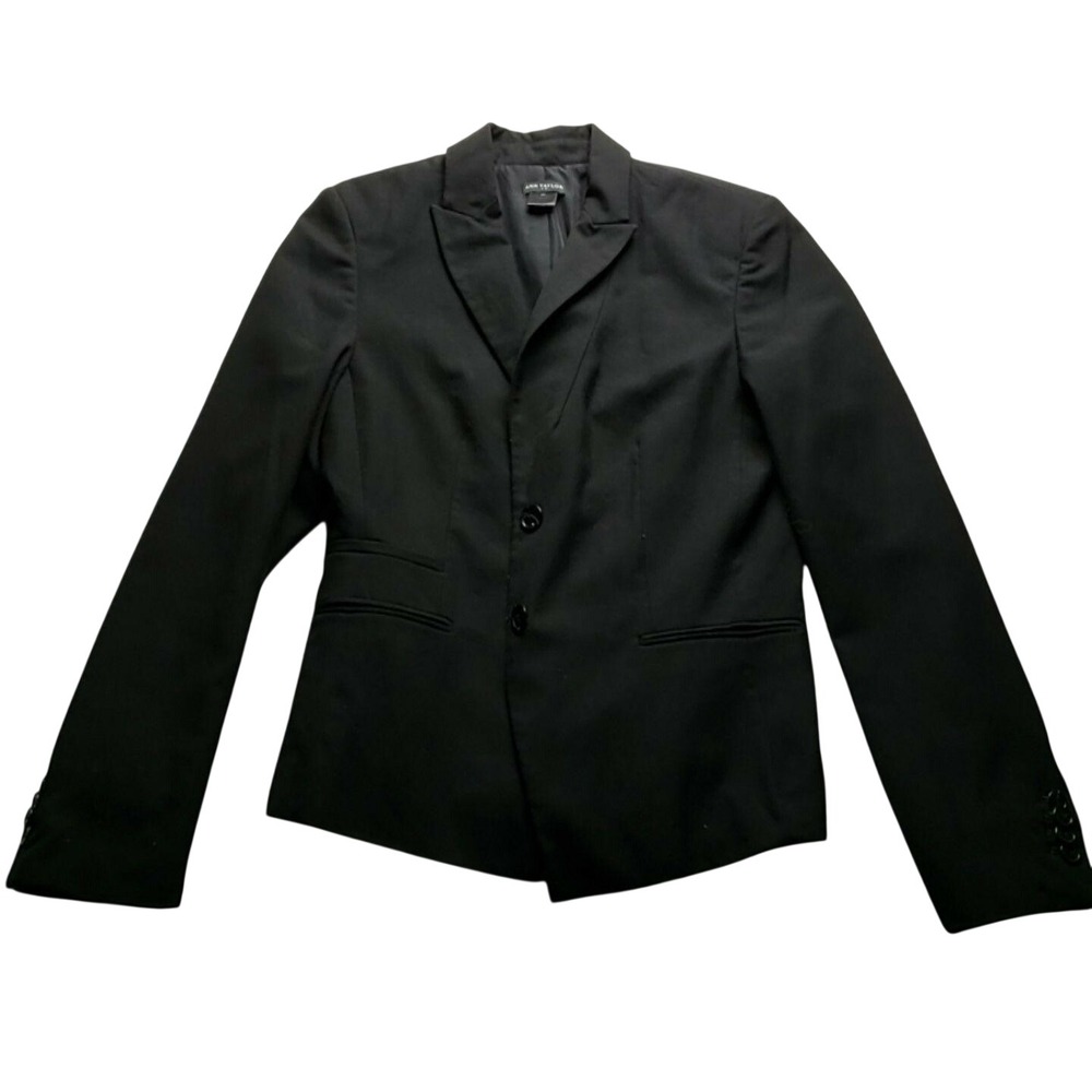 Ann Taylor Blazer Jacket Womens M Black Solid Wool Blend Lined Tailored Career
